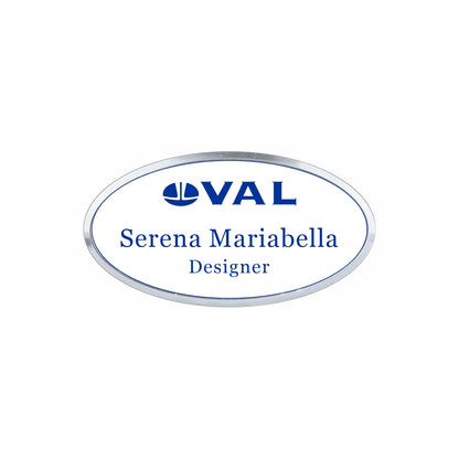 Plastic Silver Framed Name Badge 1.5"x3" - Oval / White/Blue