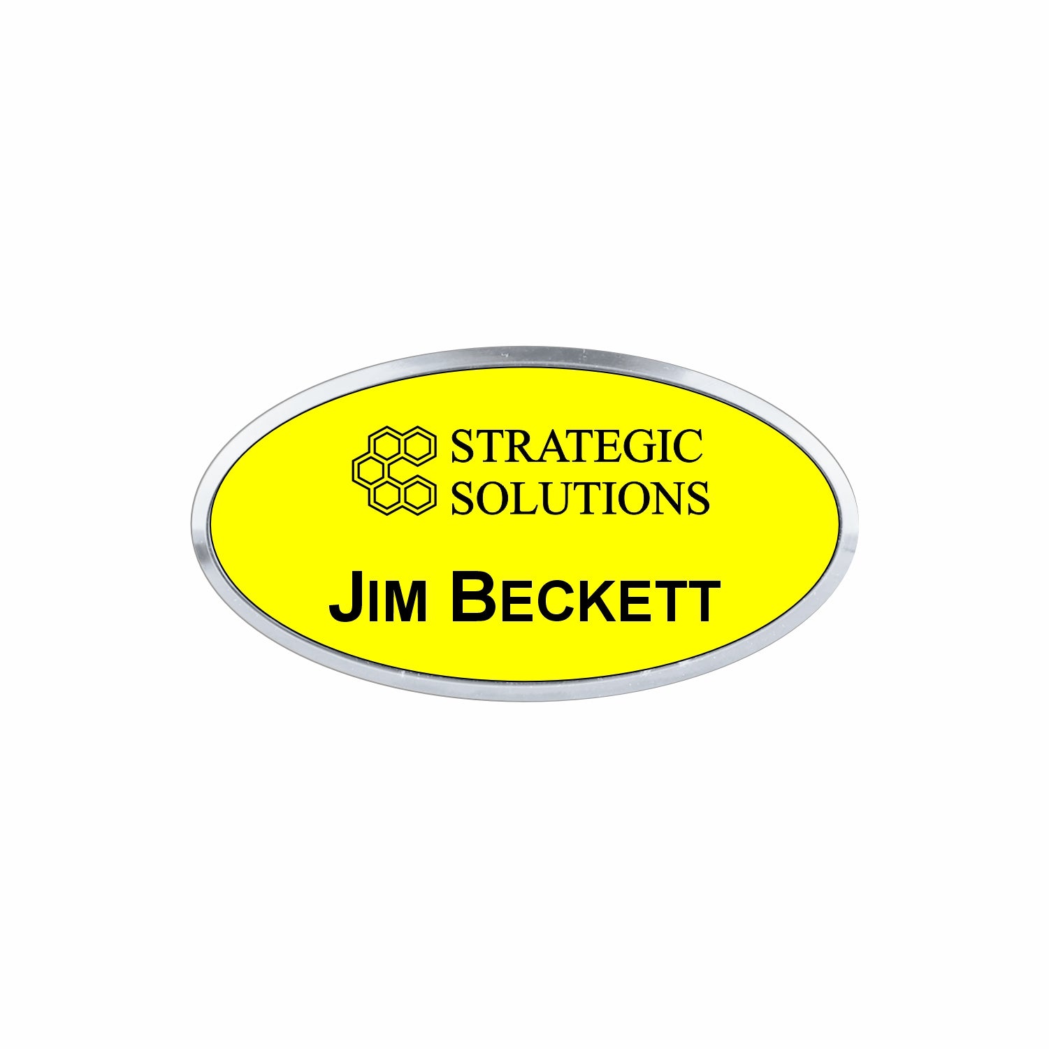 Plastic Silver Framed Name Badge 1.5"x3" - Oval / Yellow/Black