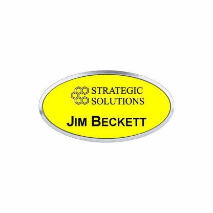 Plastic Silver Framed Name Badge 1.5"x3" - Oval / Yellow/Black