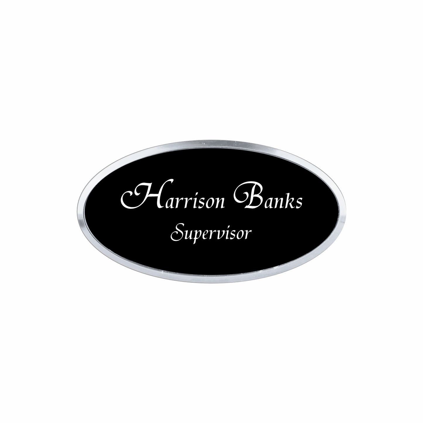 Plastic Silver Framed Name Badge 1.5"x3" - Oval / Black/White