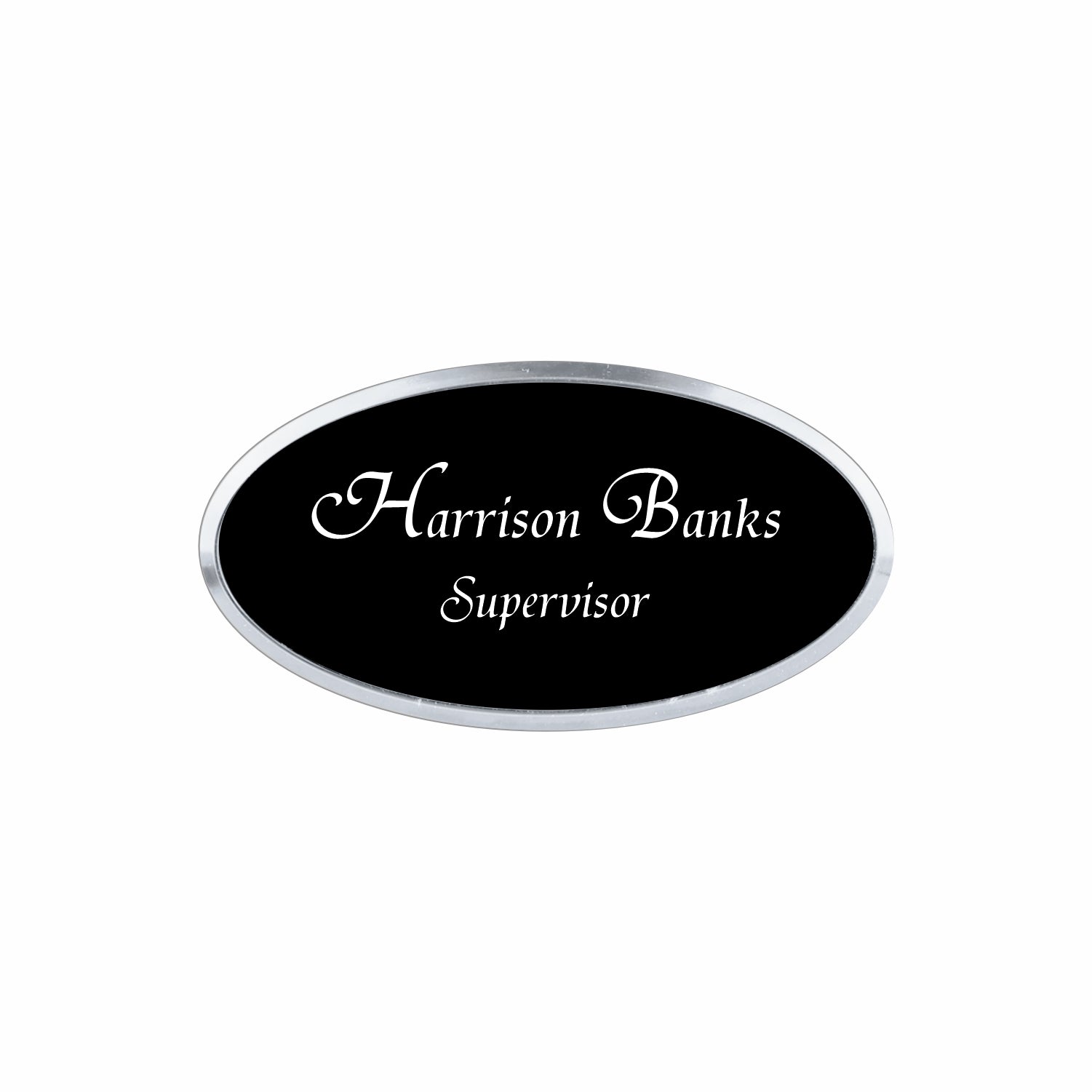 Plastic Silver Framed Name Badge 1.5"x3" - Oval / Black/White