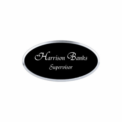 Plastic Silver Framed Name Badge 1.5"x3" - Oval / Black/White