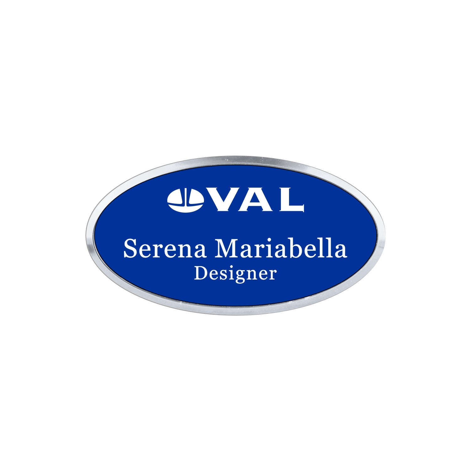 Plastic Silver Framed Name Badge 1.5"x3" - Oval / Blue/White