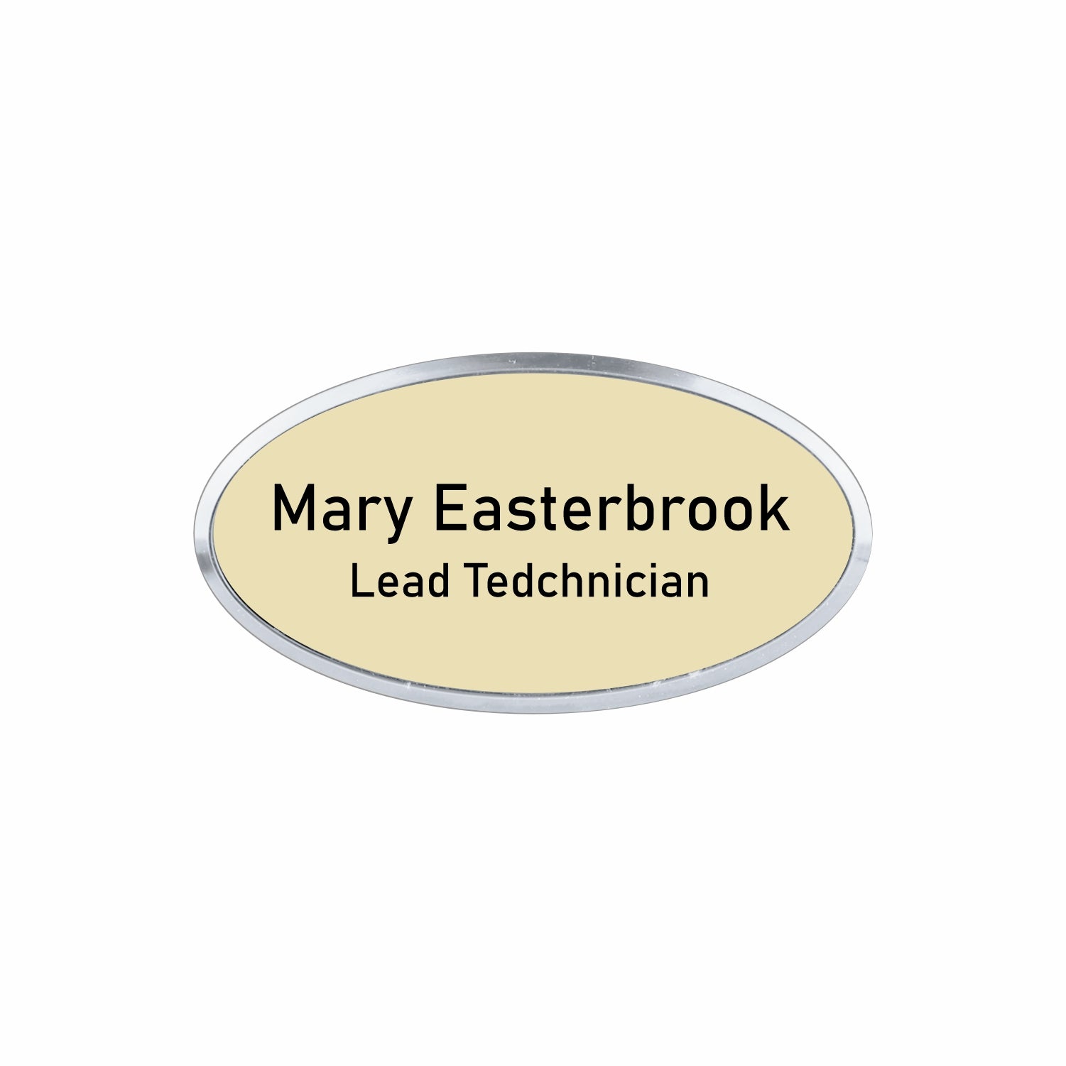Plastic Silver Framed Name Badge 1.5"x3" - Oval / Almond/Black