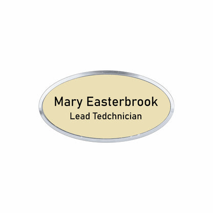 Plastic Silver Framed Name Badge 1.5"x3" - Oval / Almond/Black