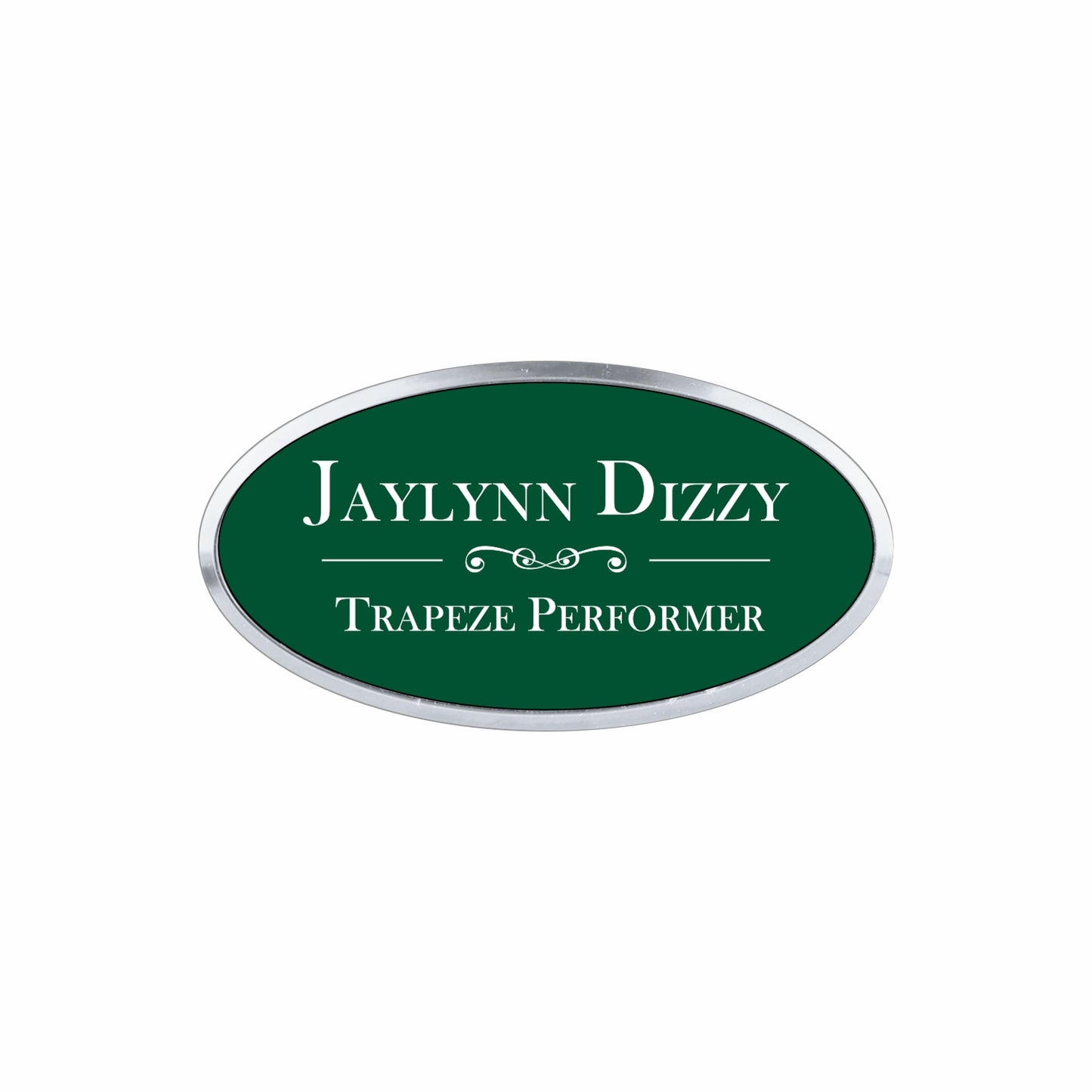 Plastic Silver Framed Name Badge 1.5"x3" - Oval / Forest/White