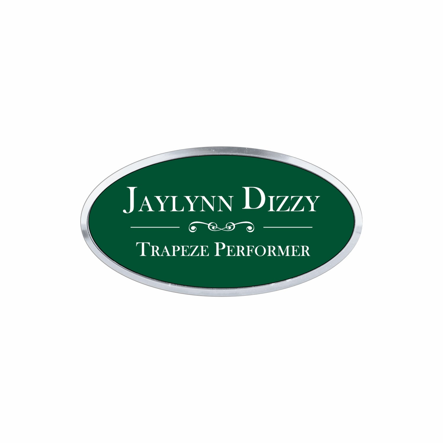 Plastic Silver Framed Name Badge 1.5"x3" - Oval / Forest/White