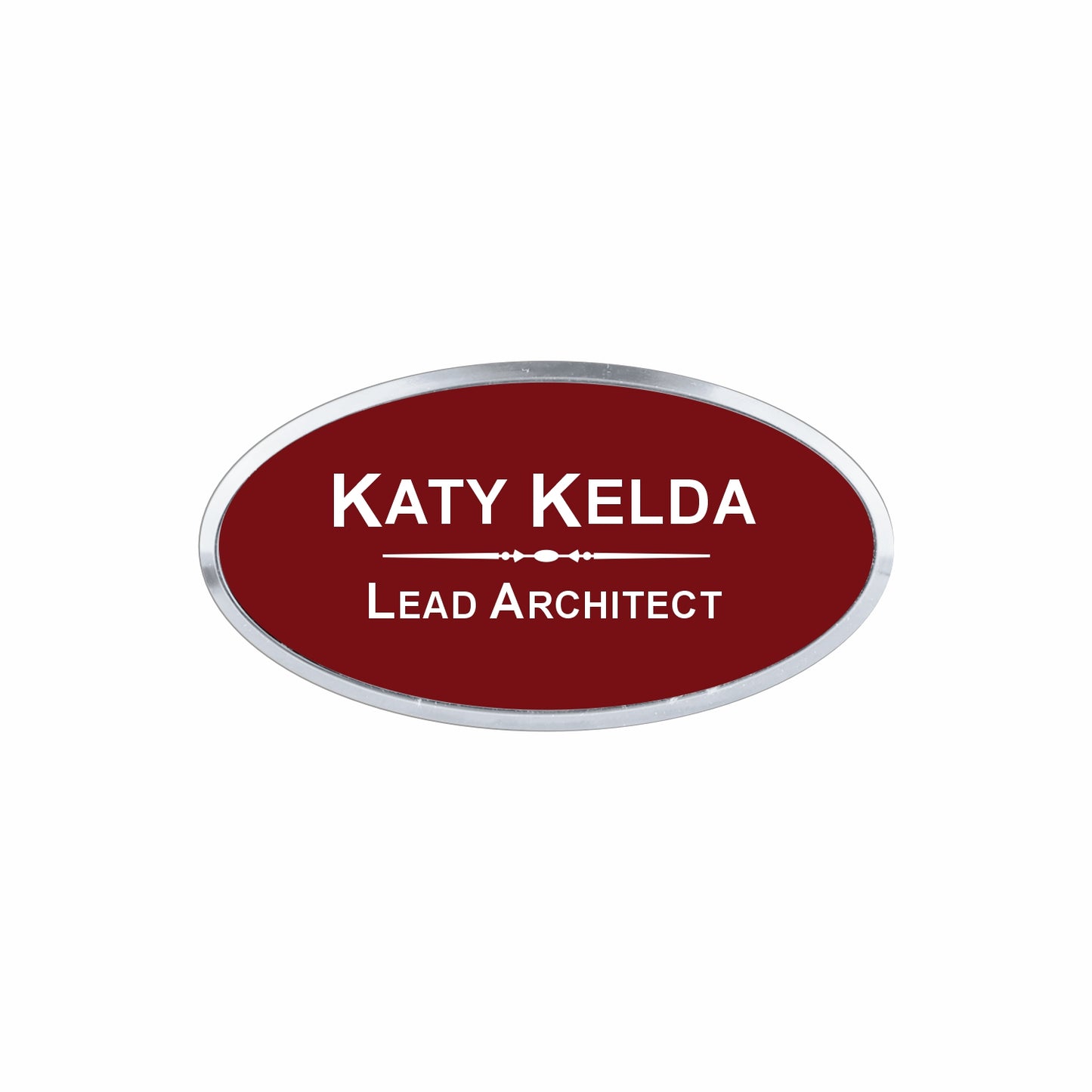 Plastic Silver Framed Name Badge 1.5"x3" - Oval / Burgandy/White