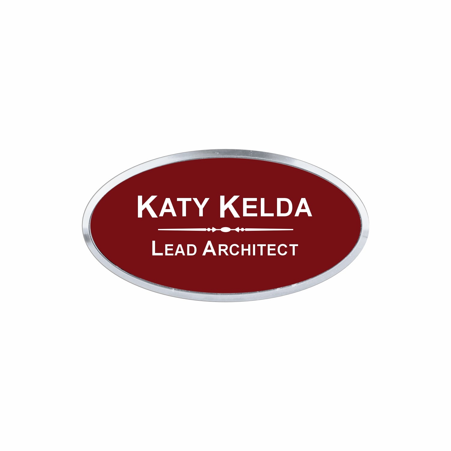 Plastic Silver Framed Name Badge 1.5"x3" - Oval / Burgandy/White
