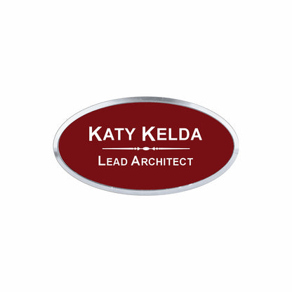 Plastic Silver Framed Name Badge 1.5"x3" - Oval / Burgandy/White