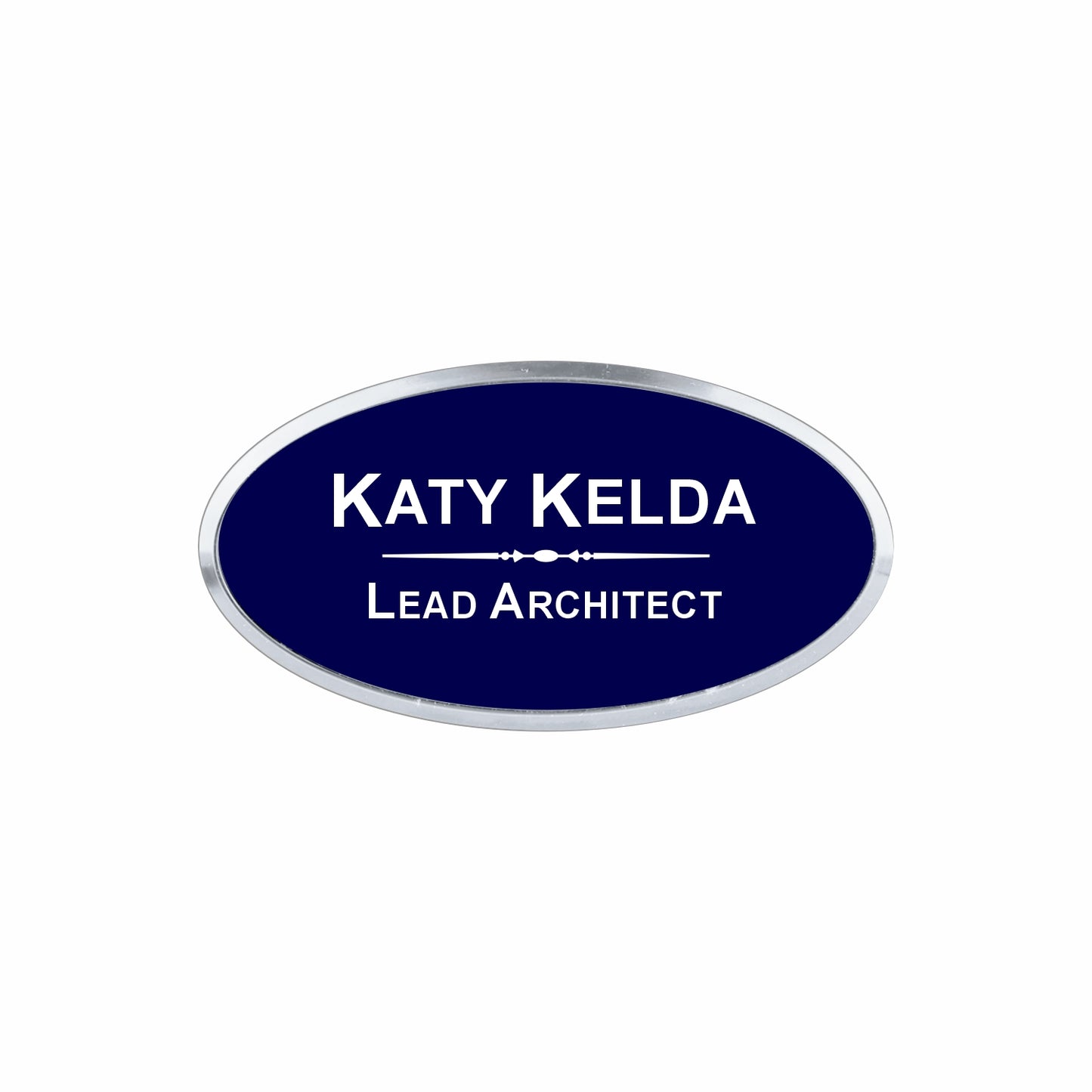 Plastic Silver Framed Name Badge 1.5"x3" - Oval / Navy/White