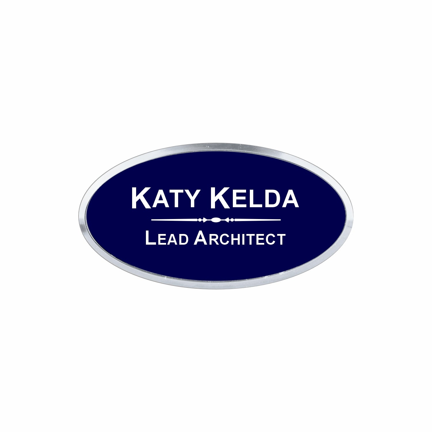 Plastic Silver Framed Name Badge 1.5"x3" - Oval / Navy/White