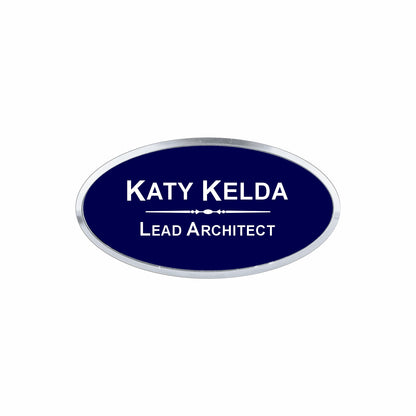 Plastic Silver Framed Name Badge 1.5"x3" - Oval / Navy/White