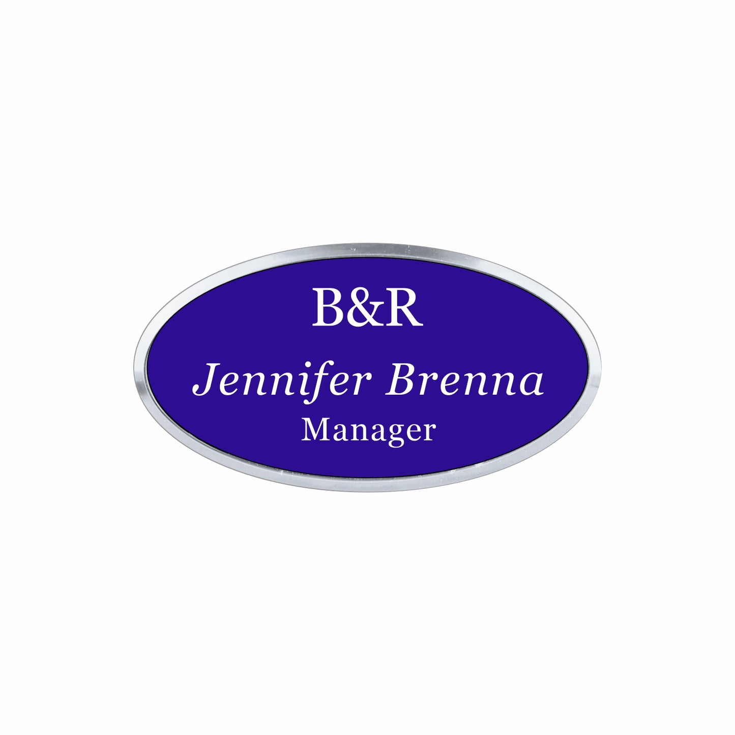 Plastic Silver Framed Name Badge 1.5"x3" - Oval / Purple/White