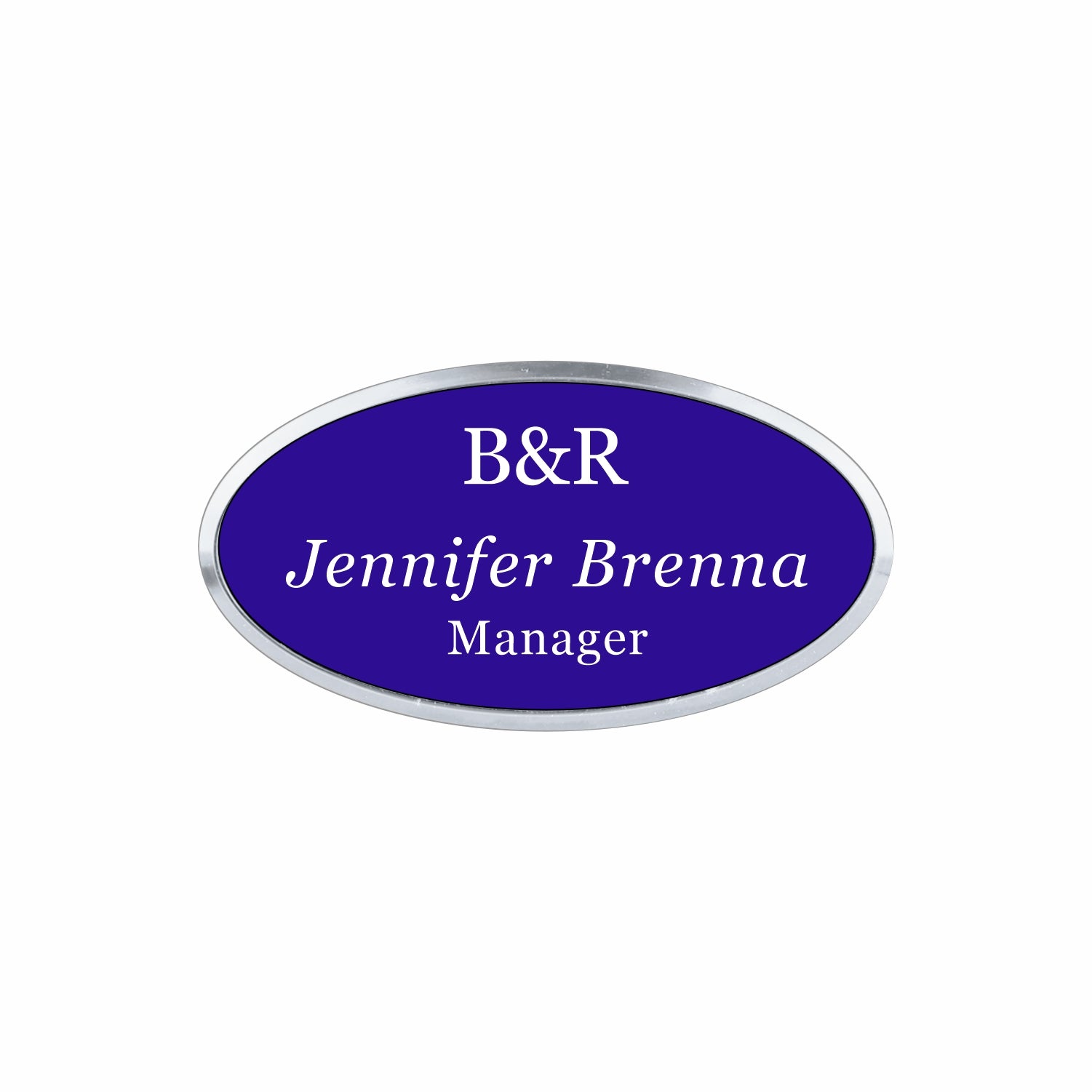 Plastic Silver Framed Name Badge 1.5"x3" - Oval / Purple/White