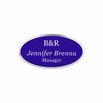 Plastic Silver Framed Name Badge 1.5"x3" - Oval / Purple/White