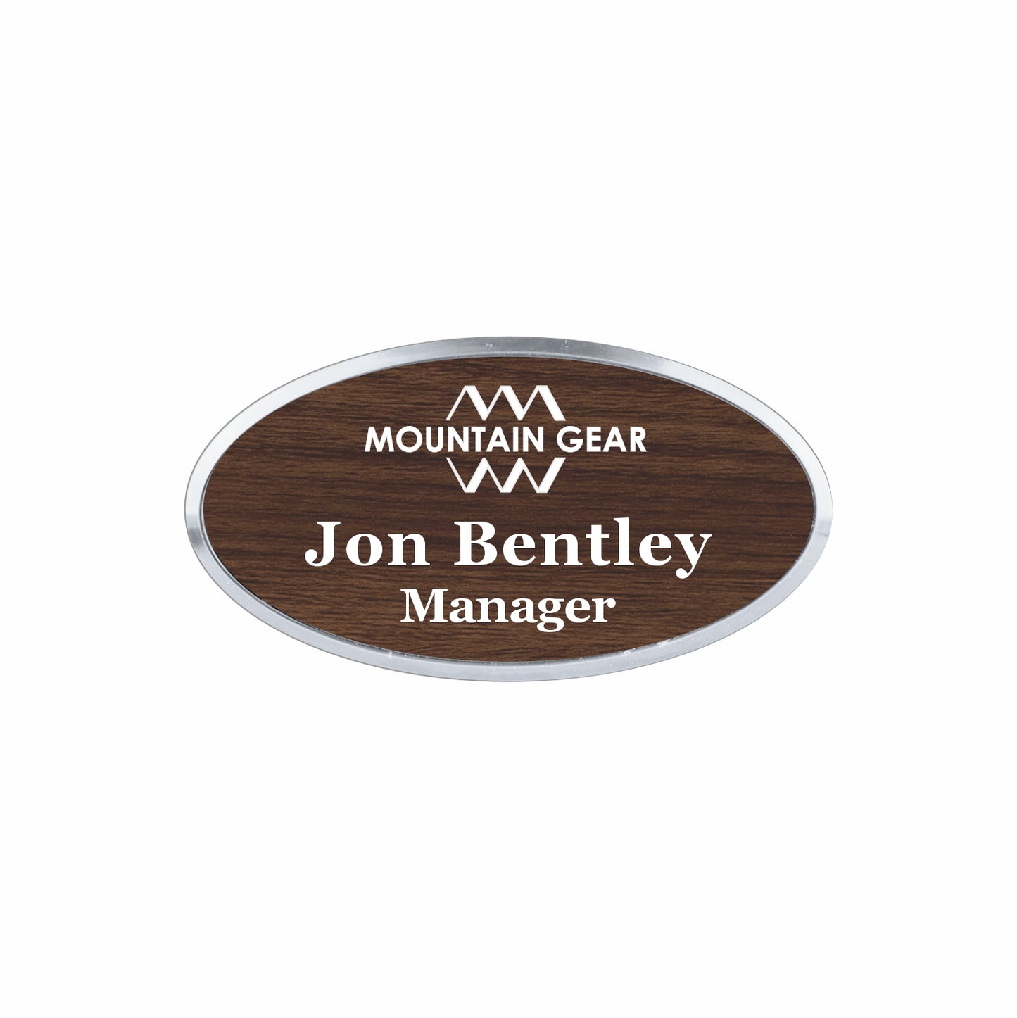 Plastic Silver Framed Name Badge 1.5"x3" - Oval / Walnut/White
