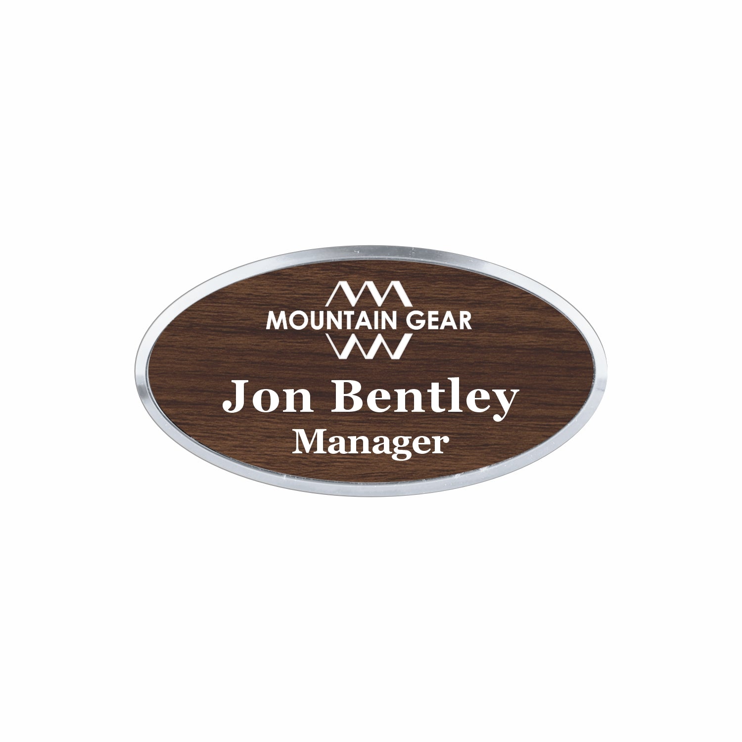 Plastic Silver Framed Name Badge 1.5"x3" - Oval / Walnut/White