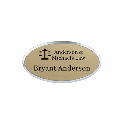 Plastic Silver Framed Name Badge 1.5"x3" - Oval / Gold/Black