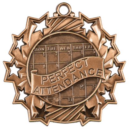 Ten Star Perfect Attendance Medal 2.25" / Bronze (Copper Tone)