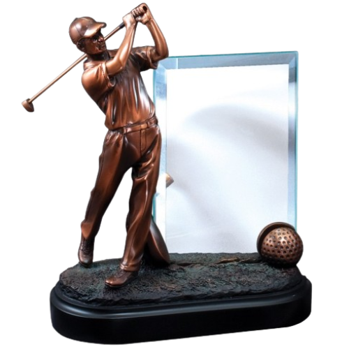 Bronze Golfer with Glass Plaque 8"