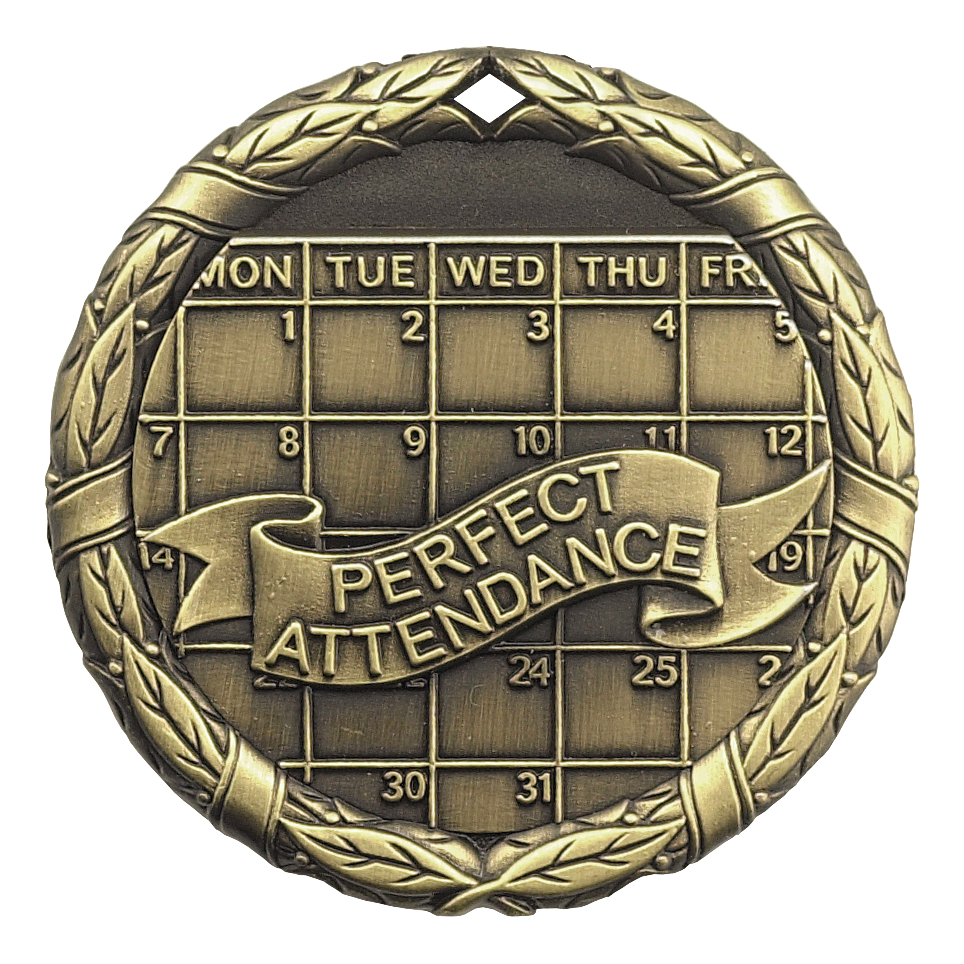 Wreath Perfect Attendance Medal 2" / Gold