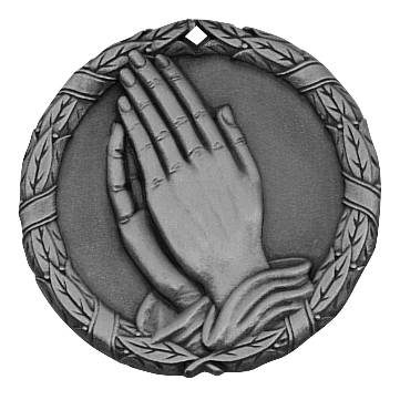 Wreath Christian Praying Hands Medal 2" / Silver