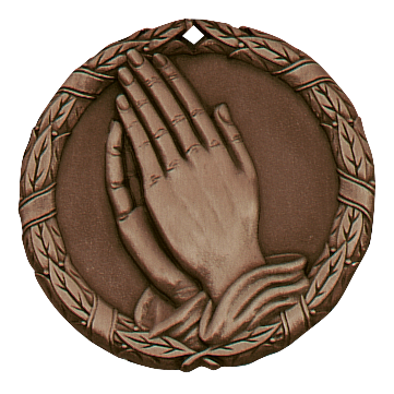 Wreath Christian Praying Hands Medal 2" / Bronze (Copper Tone)